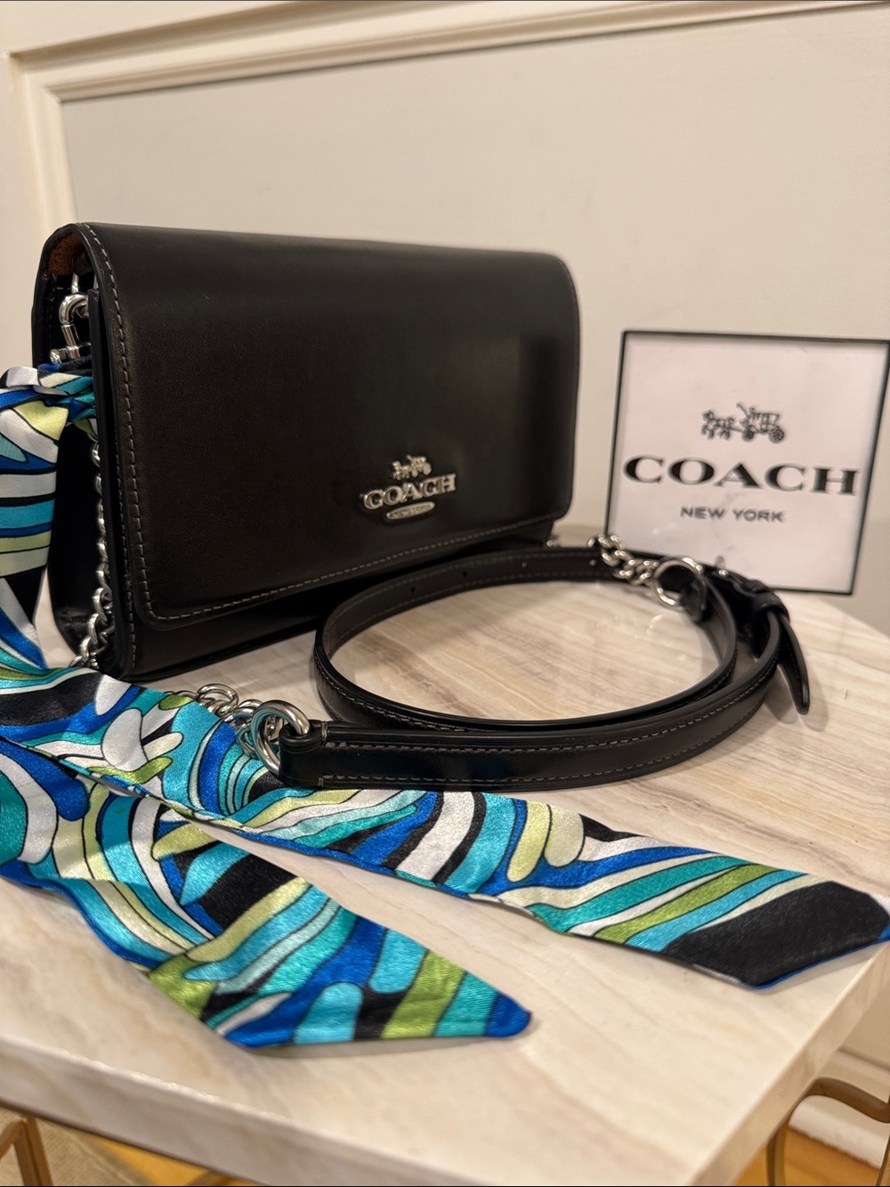 Coach Bag Clutch Flap Black Leather Chain Crossbody